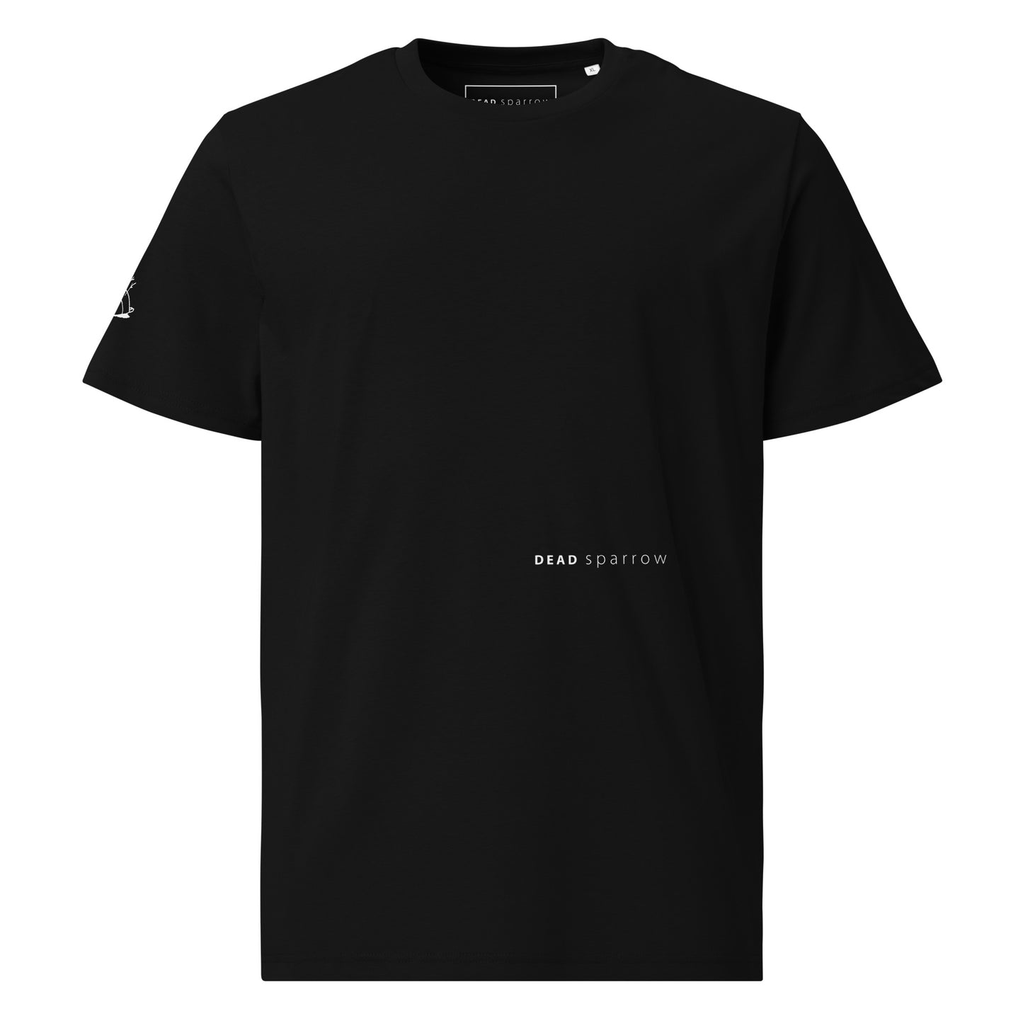 Image of an organic black t-shirt, product name Driven. The t-shirt has a print on the left side, the text reads DEAD sparrow (the logo) and a sparrow on the right sleeve.