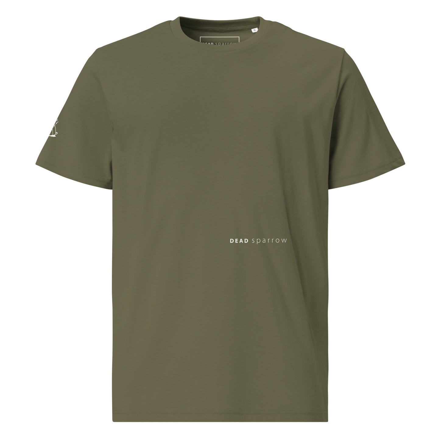 Image of an organic khaki t-shirt, product name Driven. The t-shirt has a print on the left side, the text reads DEAD sparrow (the logo) and a sparrow on the right sleeve.