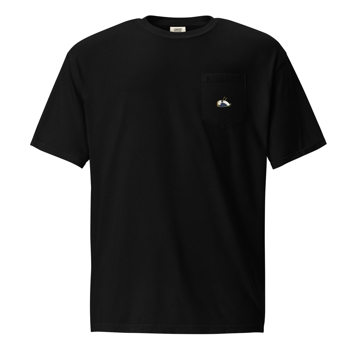 Image of a black t-shirt for men. Product name Capable. The t-shirt has a pocket on the upper left side. On the pocket is the DEADsparrow logo printed in beige colour.