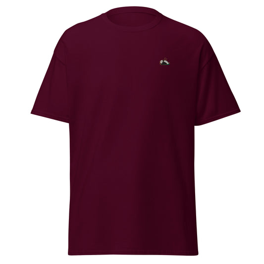 Image of the Sharp t-shirt. The colour of the t-shirt is maroon, sparrow embroidered on the left side of the t-shirt.