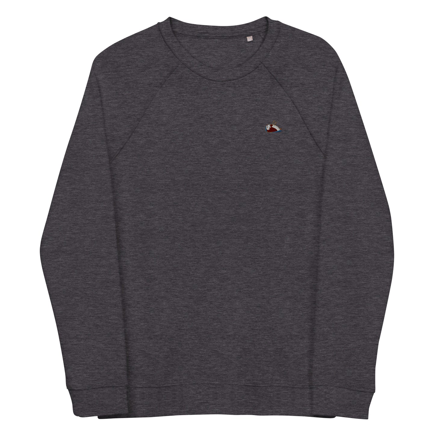 Image of a charcoal melange organic sweatshirt, Lovable. The sweatshirt has a multi-coloured sparrow embroidered on the left side.