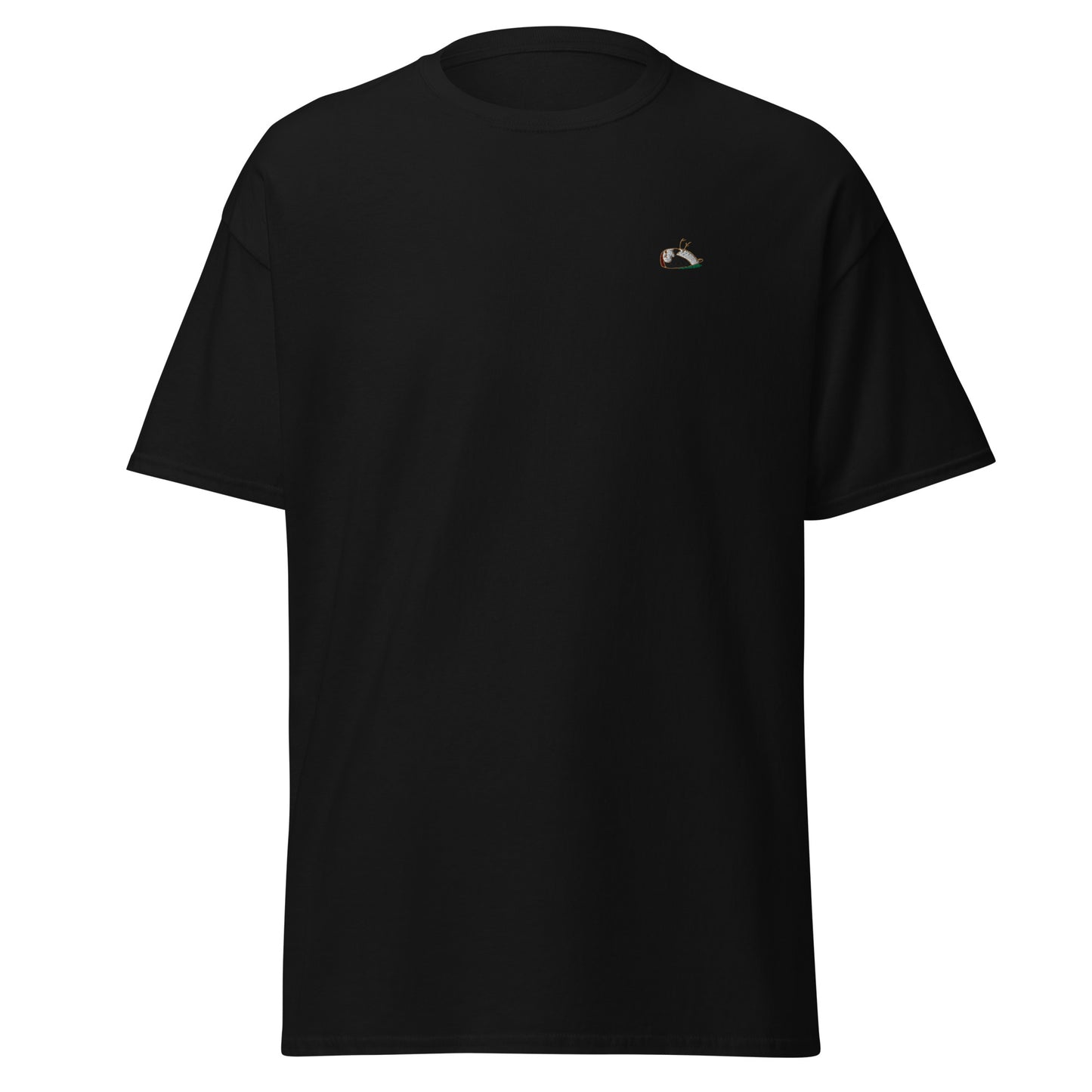 Image of the Sharp t-shirt. The colour of the t-shirt is black, sparrow embroidered on the left side of the t-shirt.