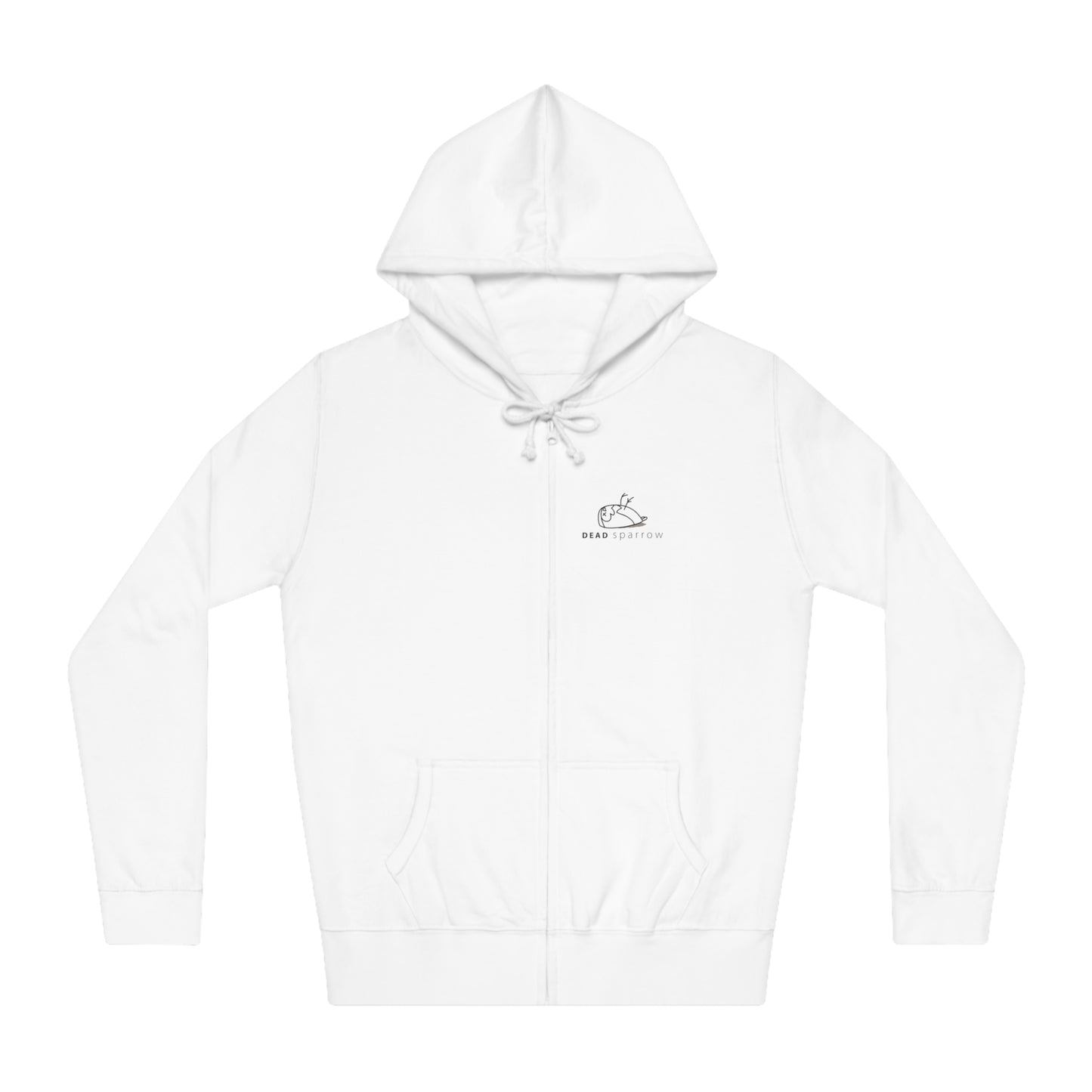Close-up of white zip-up hoodie, product name Fabulous. Print on the left side, 'DEAD sparrow' (logo).