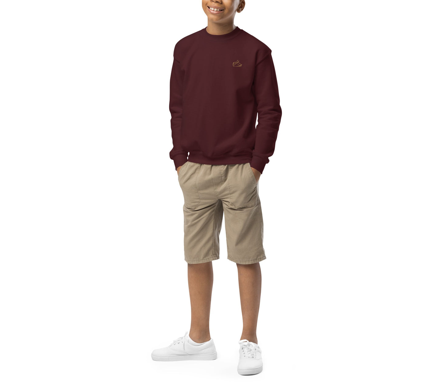 Image of a boy wearing 'Valuable' maroon sweatshirt in size M. DEADsparrow.store