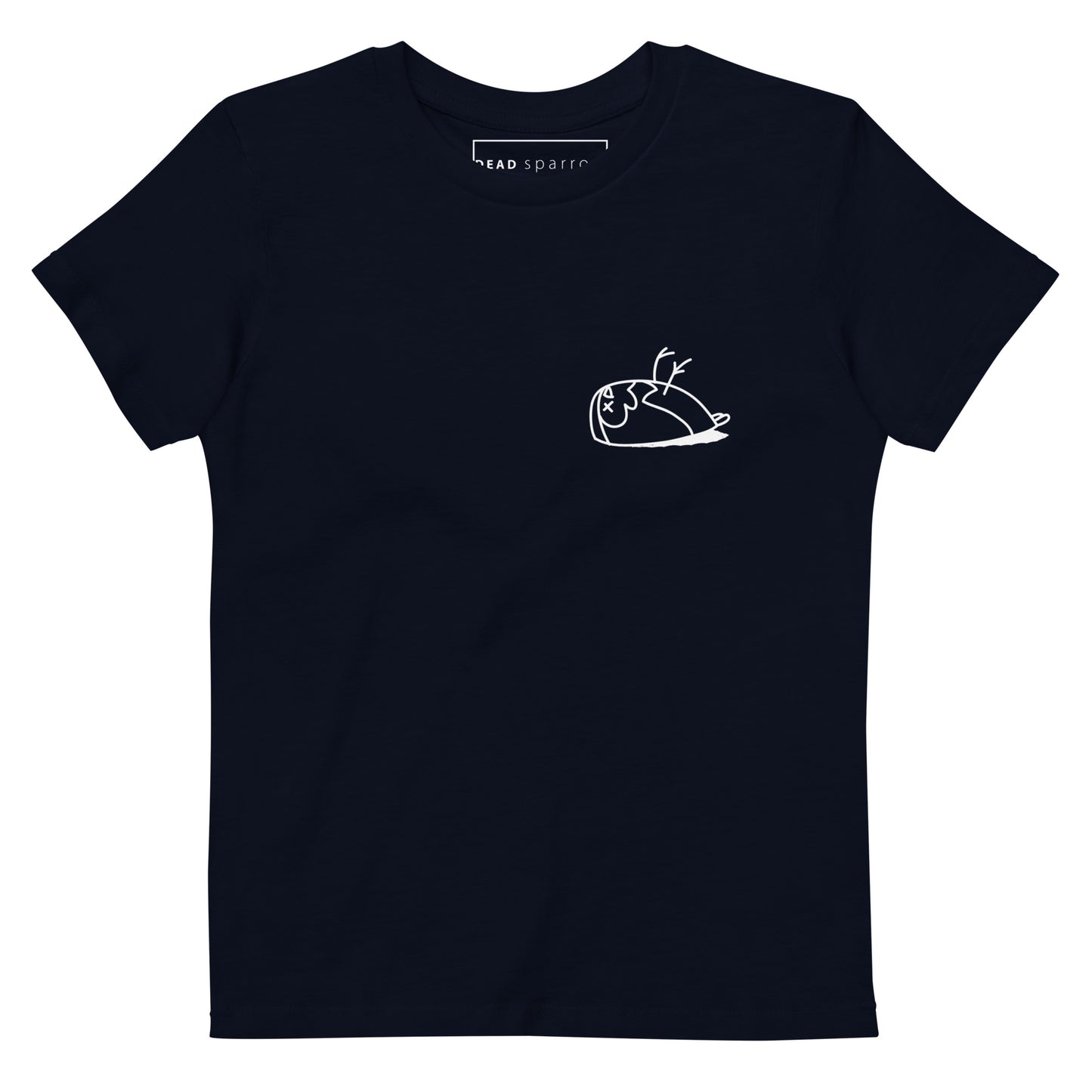 Image of an eco-friendly French navy blue t-shirt. DEADsparrow logo printed on the left side of the t-shirt. The print is white in colour. Product name Precious.