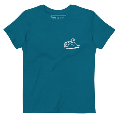 Image of an eco-friendly Ocean Depth t-shirt. DEADsparrow logo printed on the left side of the t-shirt. The print is white in colour. Product name Precious.