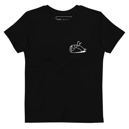 Image of an eco-friendly black t-shirt. DEADsparrow logo printed on the left side of the t-shirt. The print is white in colour. Product name Precious.