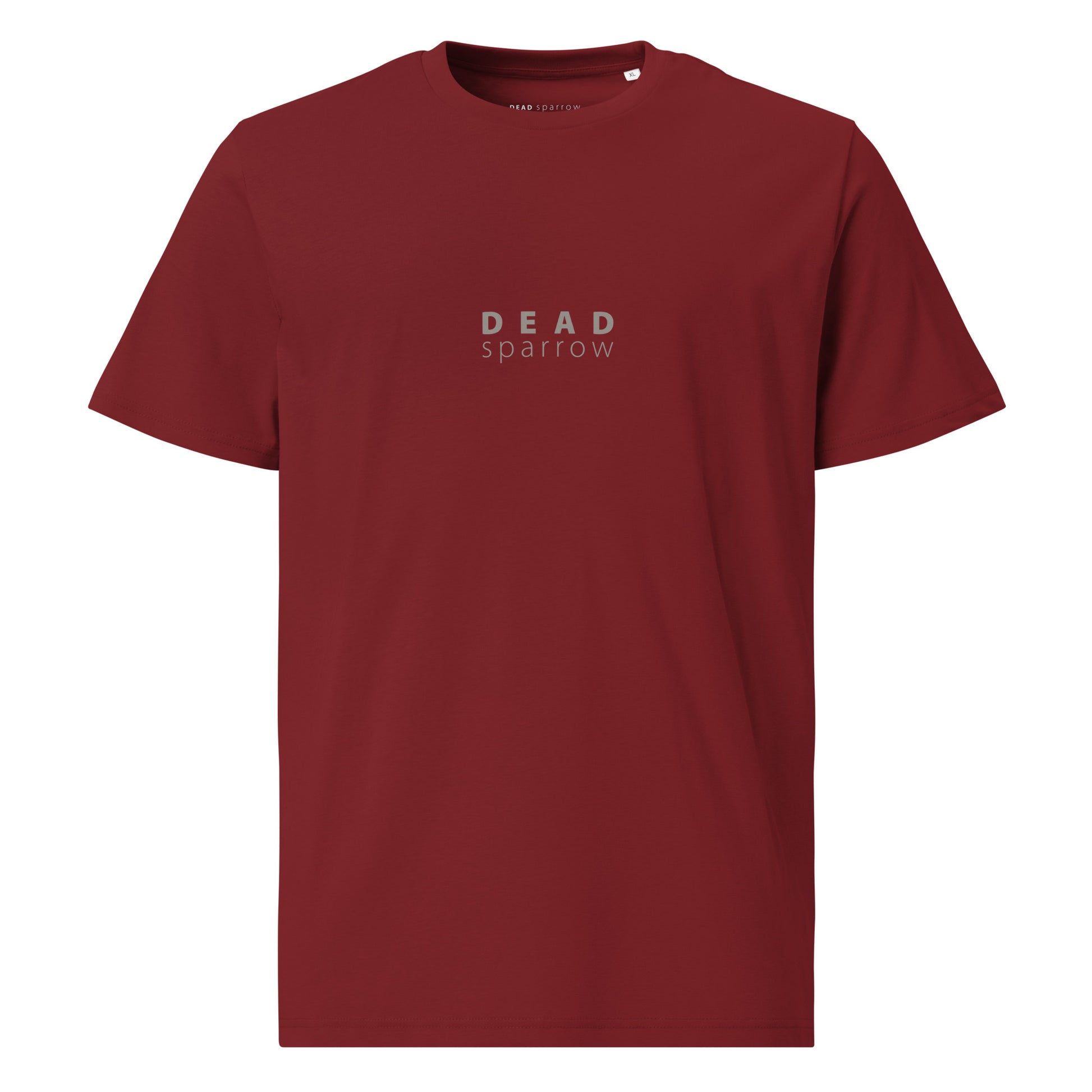 Close-up of an organic burgundy t-shirt, item name Smile. The t-shirt has a print centred on the DEAD sparrow (logo).