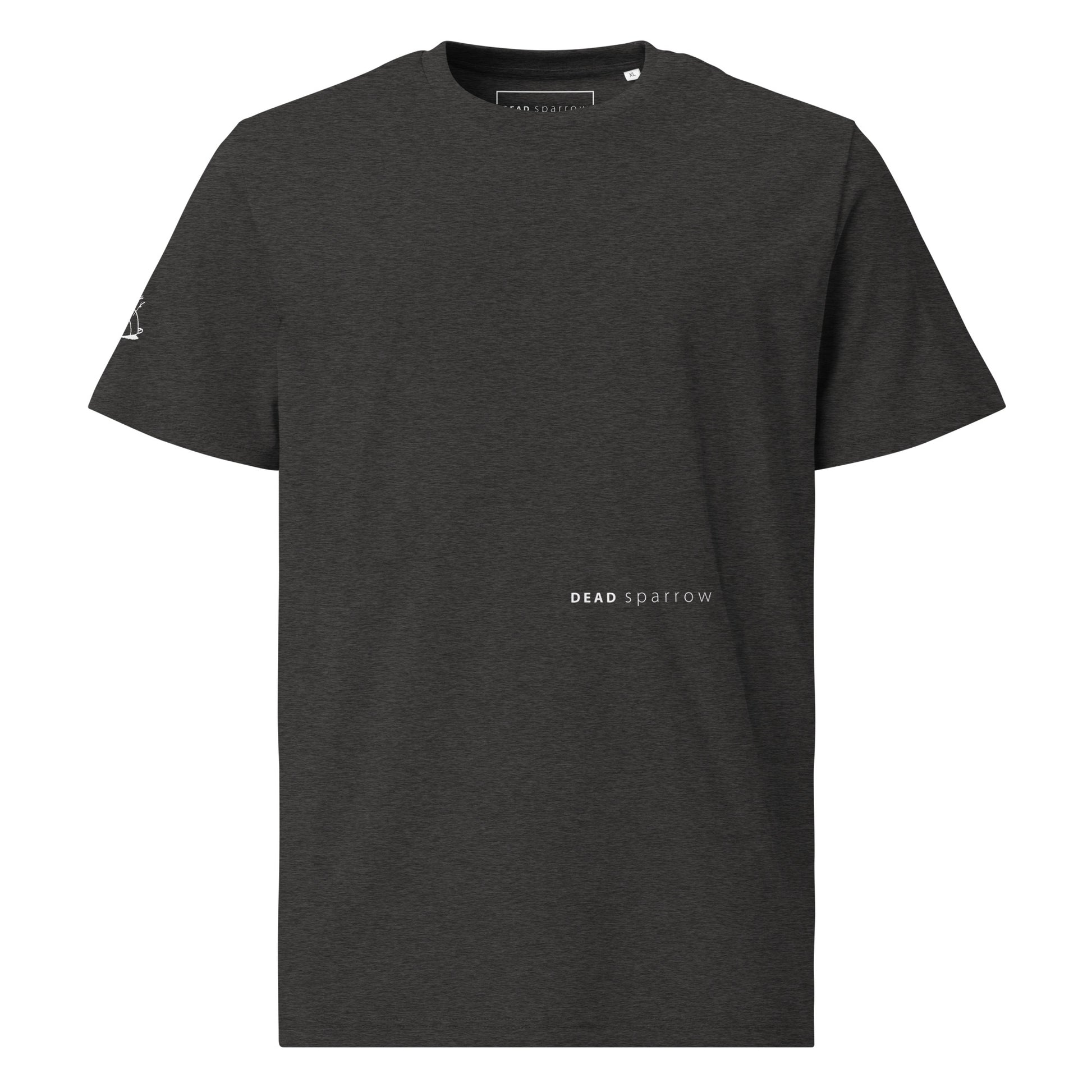 Image of an organic dark grey  t-shirt, product name Driven. The t-shirt has a print on the left side, the text reads DEAD sparrow (the logo) and a sparrow on the right sleeve. 