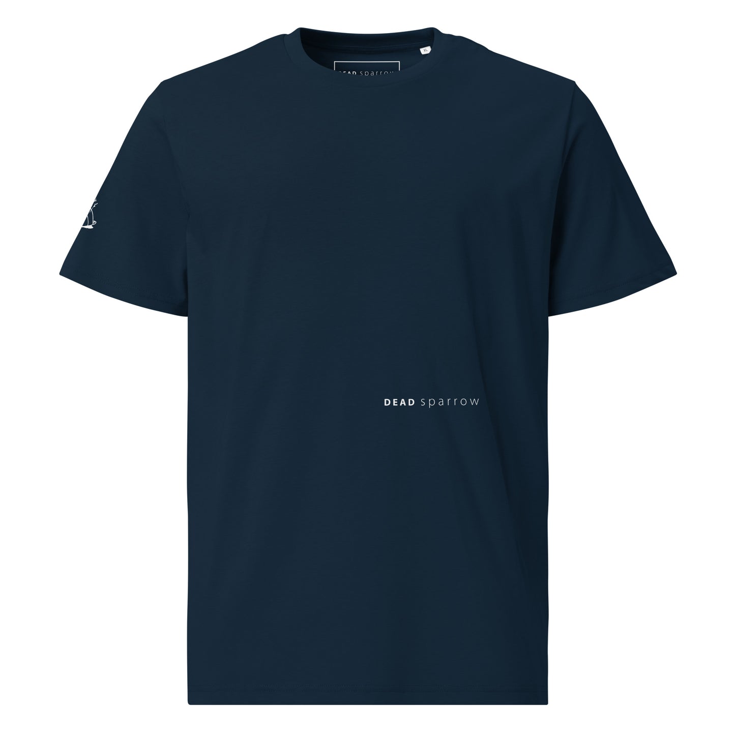 Image of an organic French navy t-shirt, product name Driven. The t-shirt has a print on the left side, the text reads DEAD sparrow ( the logo). 