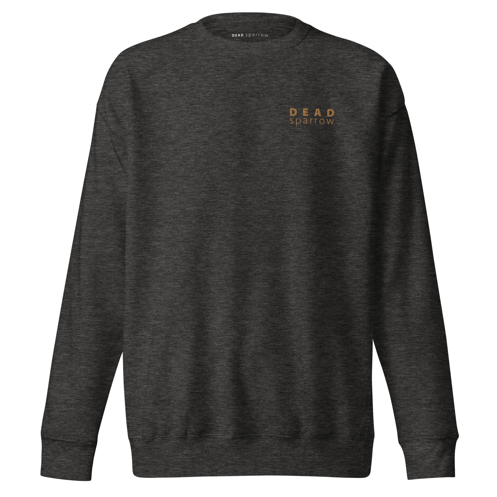 Close-up of an organic charcoal h sweatshirt, item name Inspiring. The sweatshirt has the DEAD sparrow (logo) on the left side of the sweatshirt.