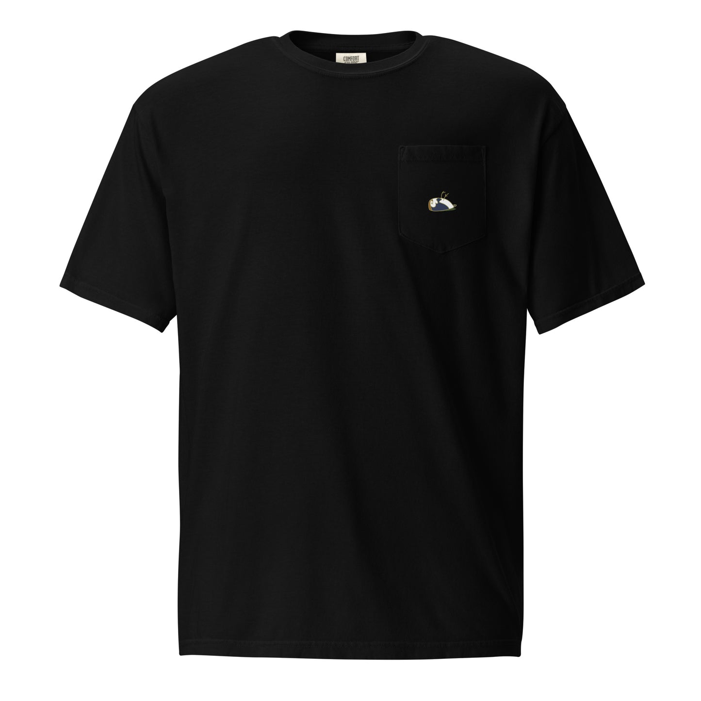 Image of a black t-shirt for men. Product name Capable. The t-shirt has a pocket on the upper left side. On the pocket is the DEADsparrow logo printed in beige colour. 