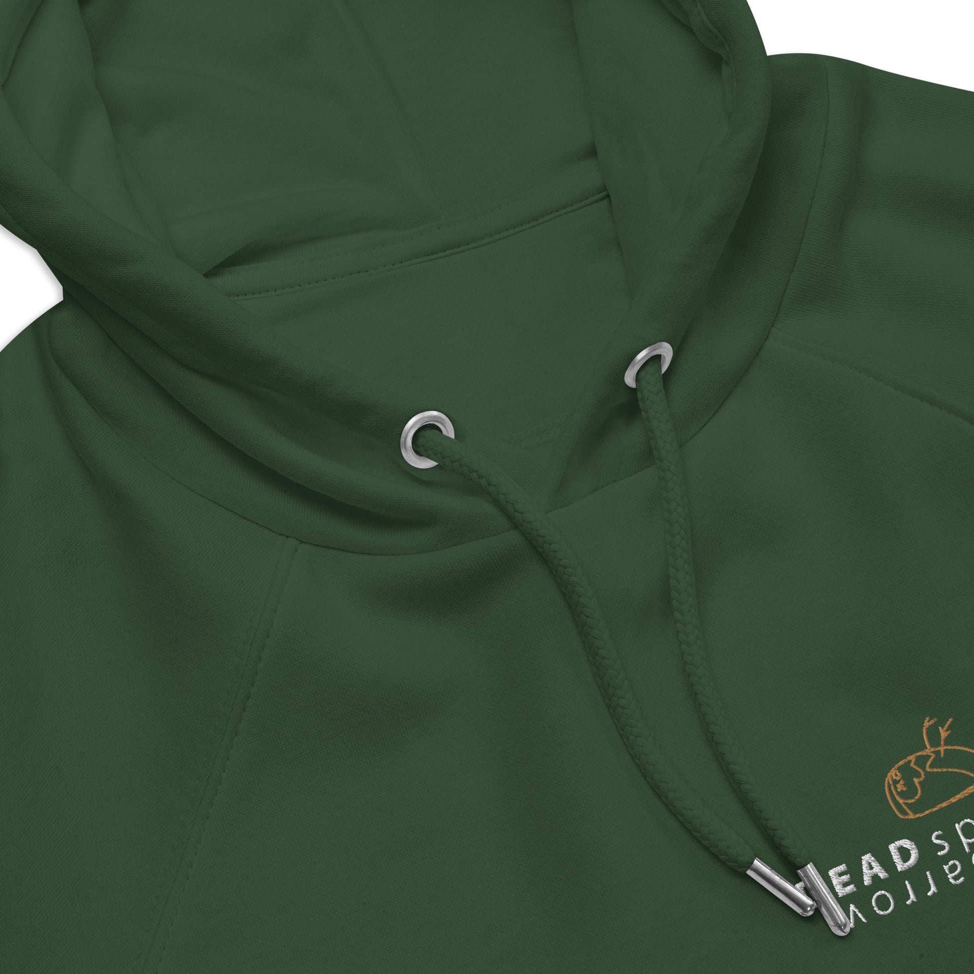 Close-up of bottle green hoodie, product name Gratitude. Print on the left side, 'DEAD sparrow' (logo).