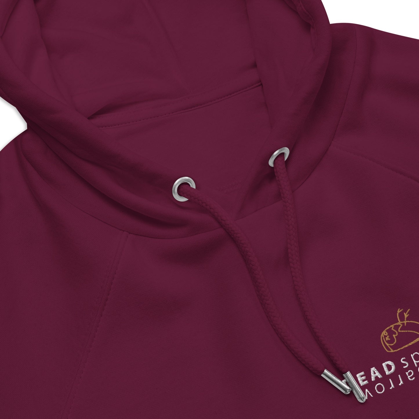 Close-up of burgundy hoodie, product name Gratitude. Print on the left side, 'DEAD sparrow' (logo).