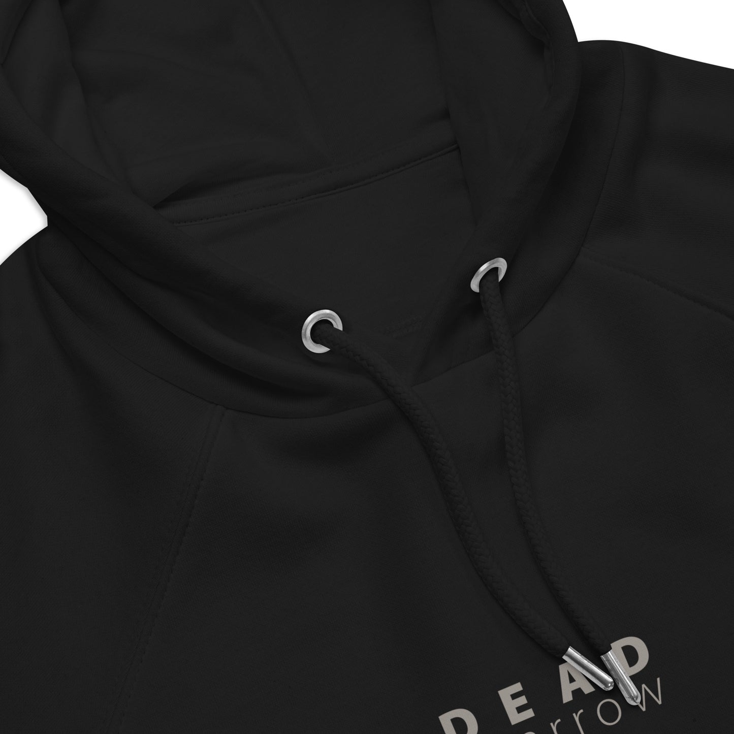 The picture shows the details of a black hoodie, item name Peaceful. The hoodie has a print centred on the DEAD sparrow (logo).