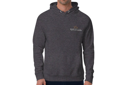 Close-up of a man wearing charcoal melange hoodie, product name gratitude. The hoodie has a print on the left on the DEAD sparrow (logo).