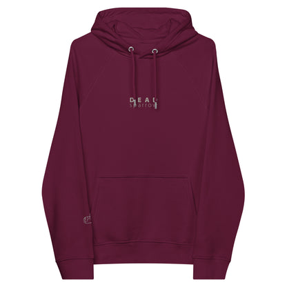 Close-up of burgundy hoodie, item name Peaceful. The hoodie has a print centred on the DEAD sparrow (logo).