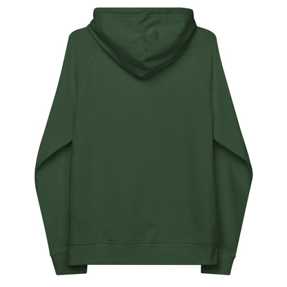 Close-up of green hoodie, item name Peaceful. The hoodie has a print centred on the DEAD sparrow (logo).