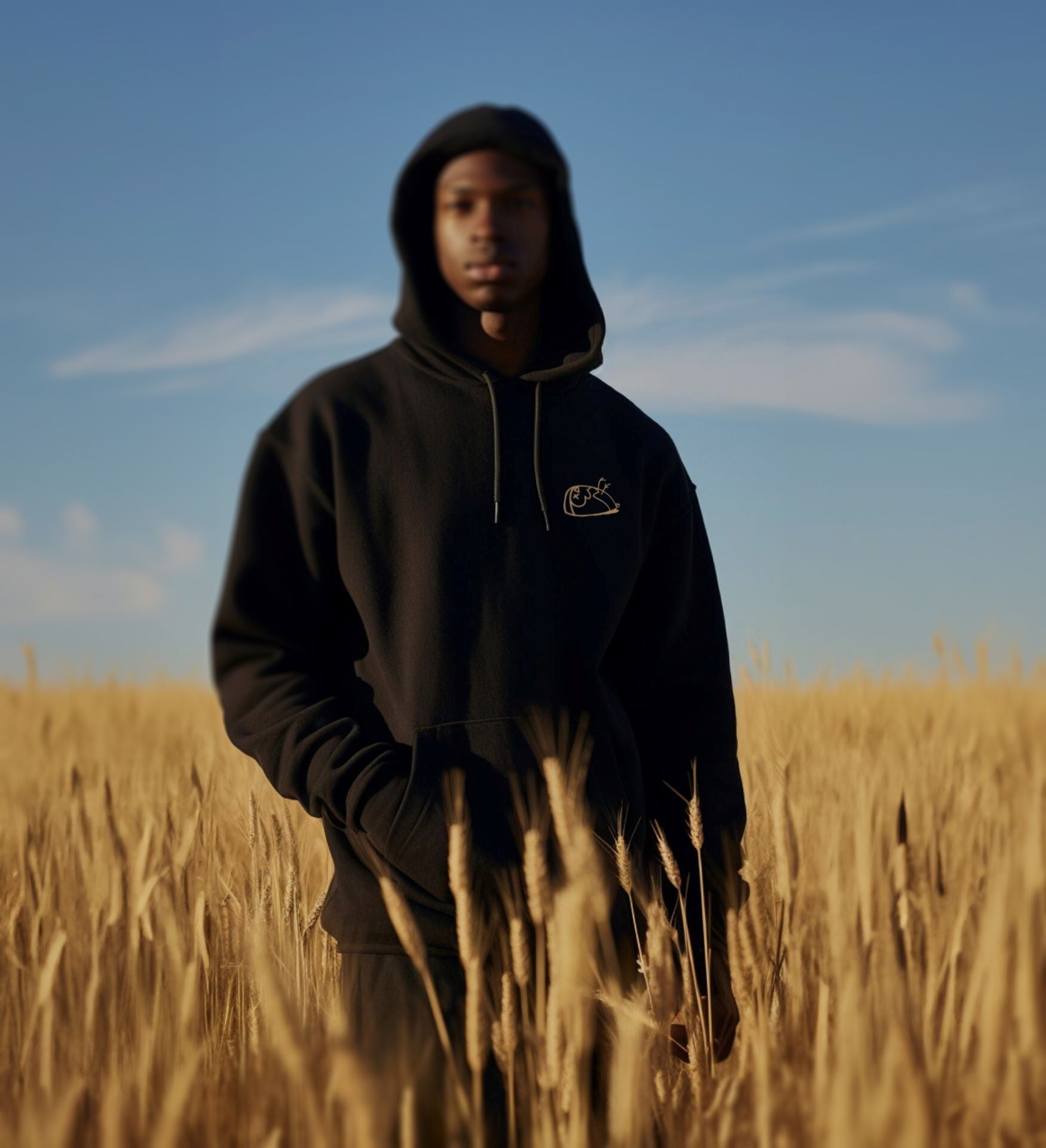 Close-up of a man in a field, wearing a black hoodie.