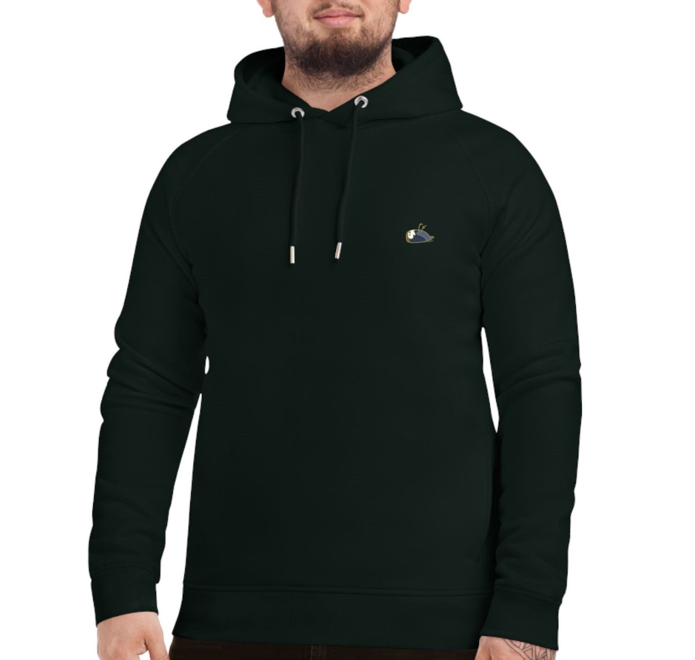 Close-up of a man wearing a black eco-friendly hoodie with side pockets, in size L. The hoodie has a mostly blue sparrow with a white face printed on the left side chest. Product name Unique.