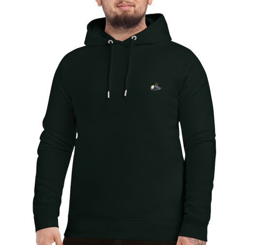 Close-up of a man wearing a black eco-friendly hoodie with side pockets, in size L. The hoodie has a mostly blue sparrow with a white face printed on the left side chest. Product name Unique.