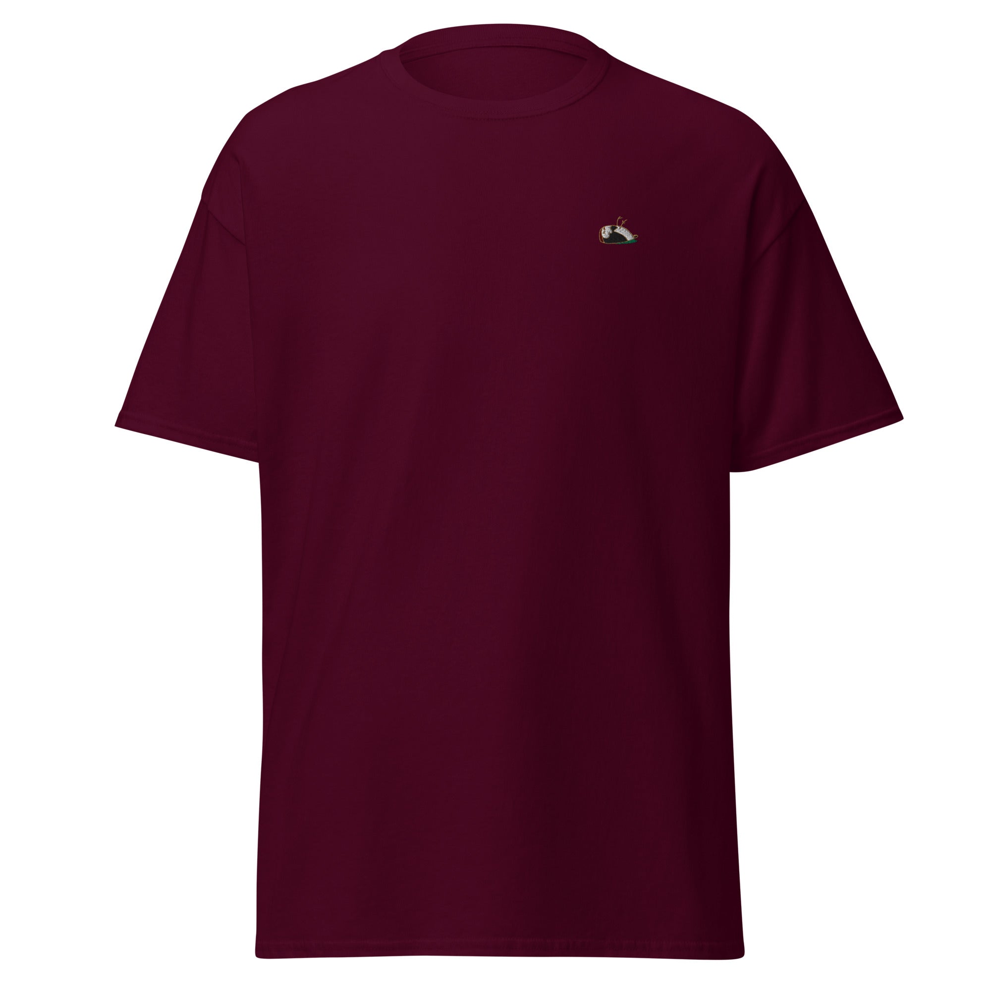 Image of the Sharp t-shirt. The colour of the t-shirt is maroon, sparrow embroidered on the left side of the t-shirt. 