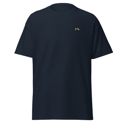 Image of the Sharp t-shirt. The colour of the t-shirt is navy, sparrow embroidered on the left side of the t-shirt. 