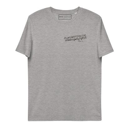 Image of the Strong t-shirt, an eco-friendly heather grey t-shirt for men. On the left side of the t-shirt is a quote that reads "time and circumstances can change at any time". DEADsparrow.store.