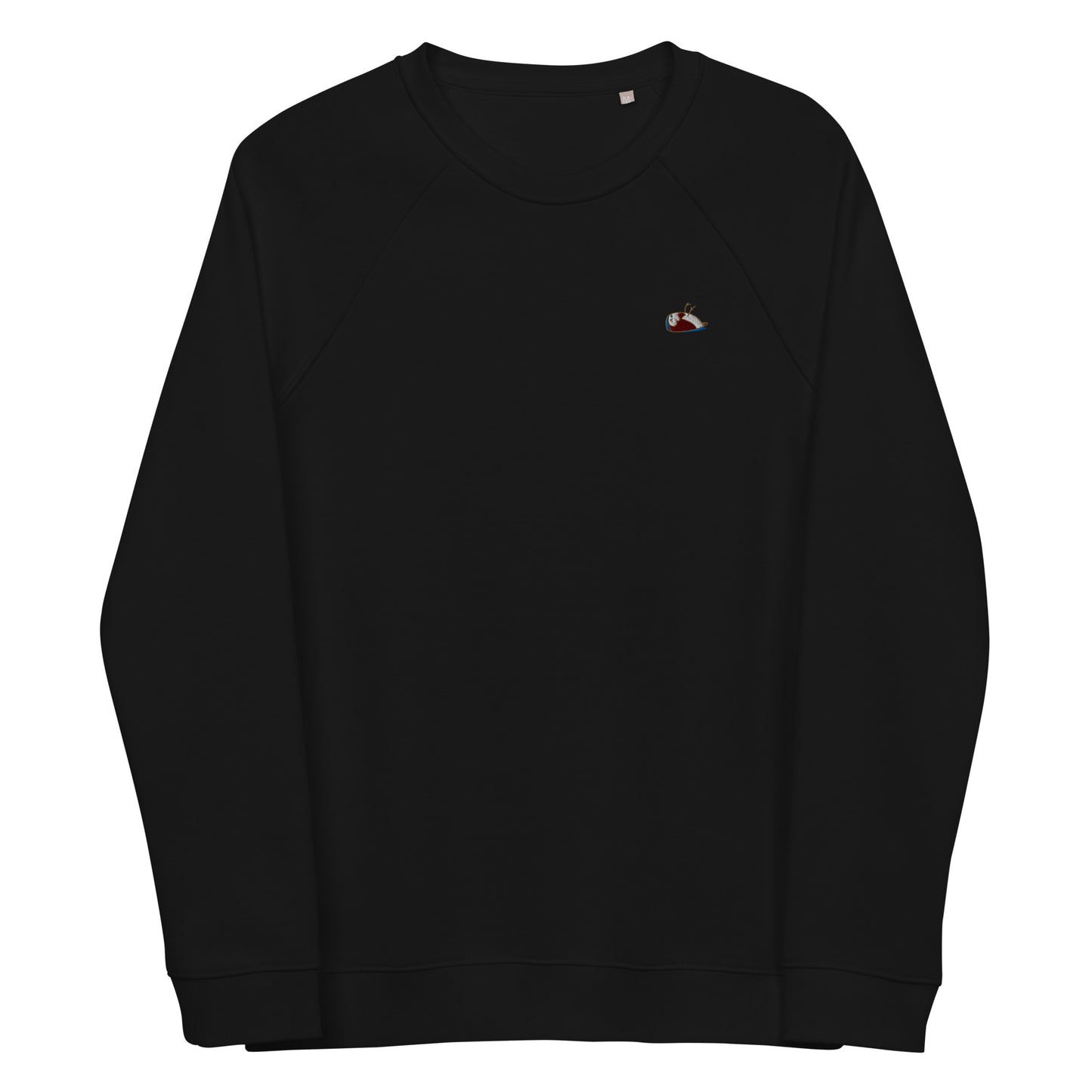 Image of a black sweatshirt, Lovable. The sweatshirt has a multi-coloured sparrow embroidered on the left side.