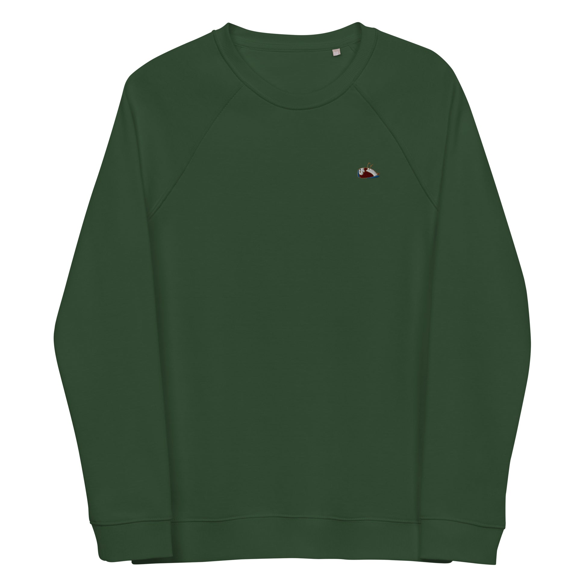 Image of a bottle green organic sweatshirt, Lovable. The sweatshirt has a multi-coloured sparrow embroidered on the left side.