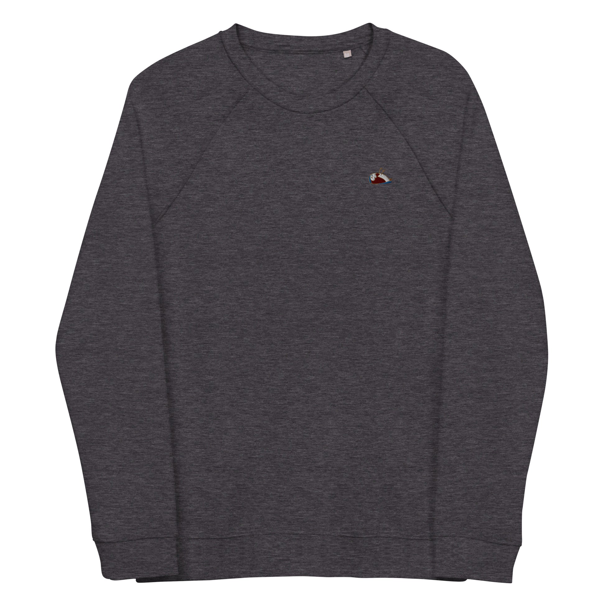 Image of a charcoal melange organic sweatshirt, Lovable. The sweatshirt has a multi-coloured sparrow embroidered on the left side. 