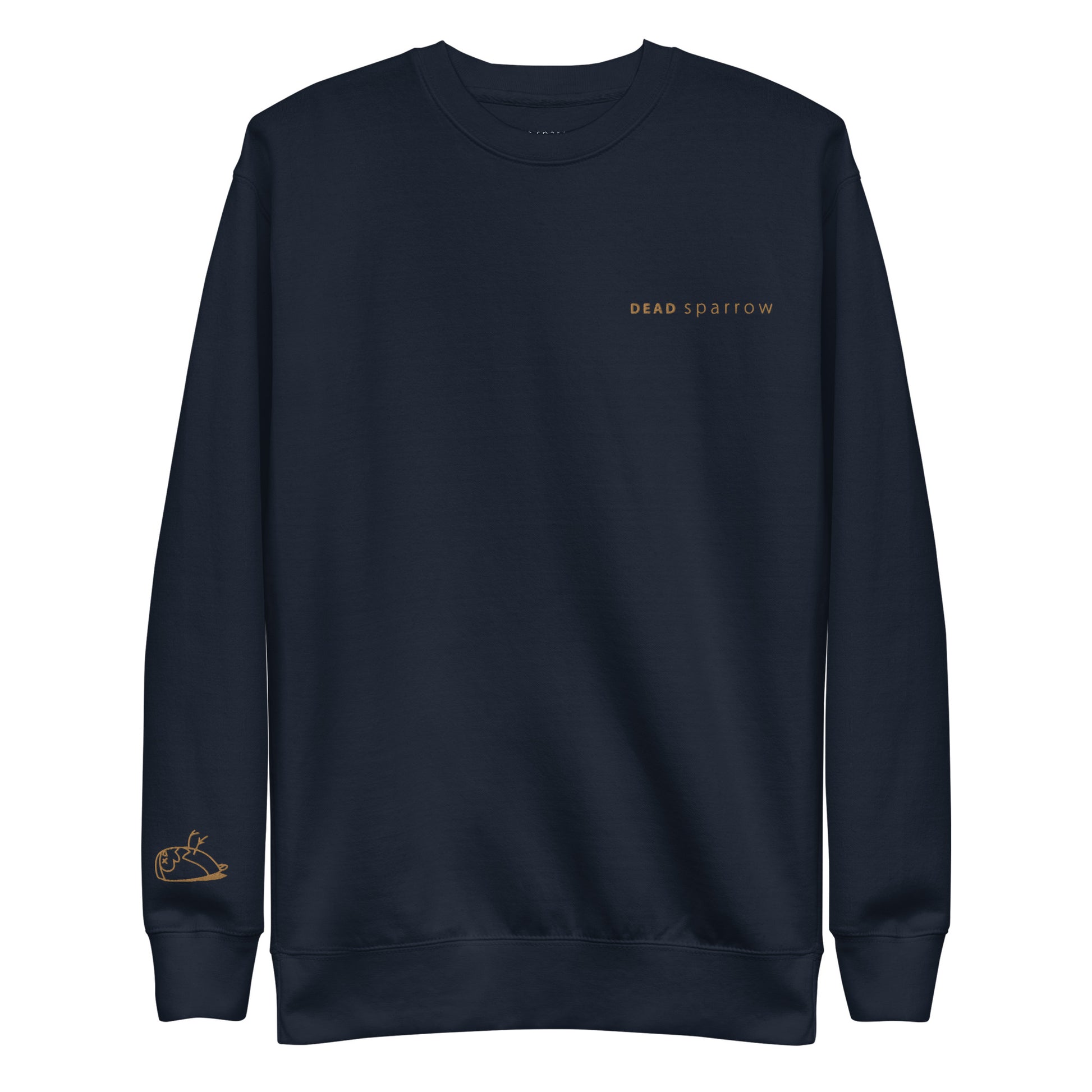 Close-up of an organic sweatshirt for men. The colour of the sweatshirt is navy. Embroidery on the left side of the sweatshirt with the text DEADsparrow and on the right sleeve a sparrow, all in gold thread. Product name Enough.