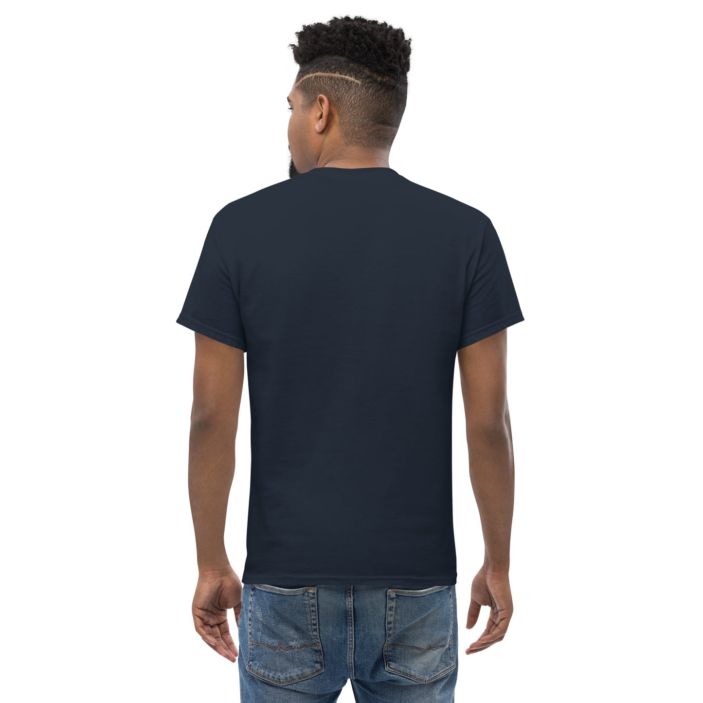 Image of a man wearing the (Sharp) t-shirt. The colour of the t-shirt is navy and has a multi-coloured sparrow embroidered on the left side of the t-shirt. 