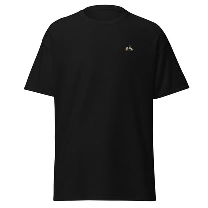 Image of the Sharp t-shirt. The colour of the t-shirt is black, sparrow embroidered on the left side of the t-shirt. 