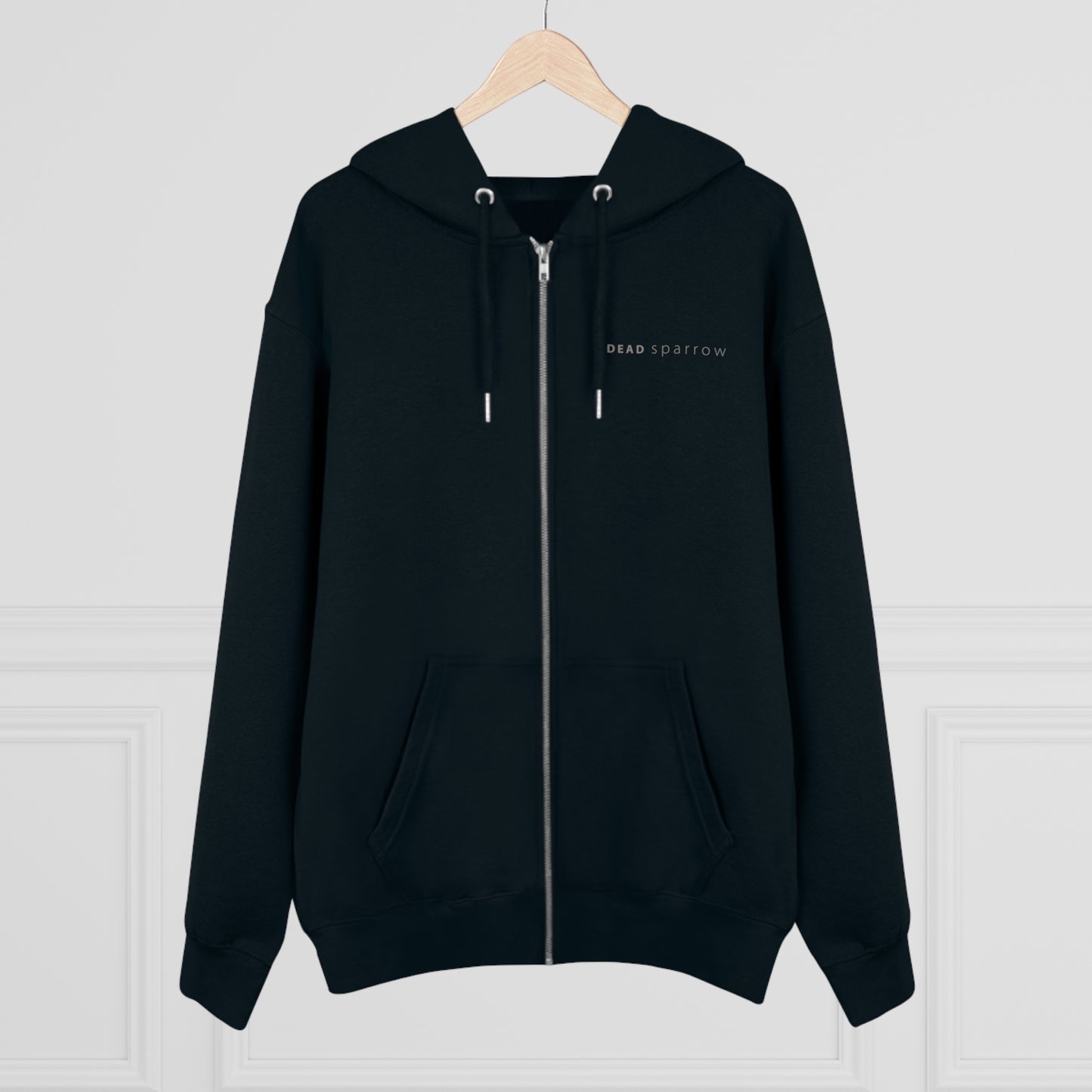 Image of a black zip-up hoodie, item name Observent. The hoodie has a print on the left side, 'DEAD sparrow' (logo).