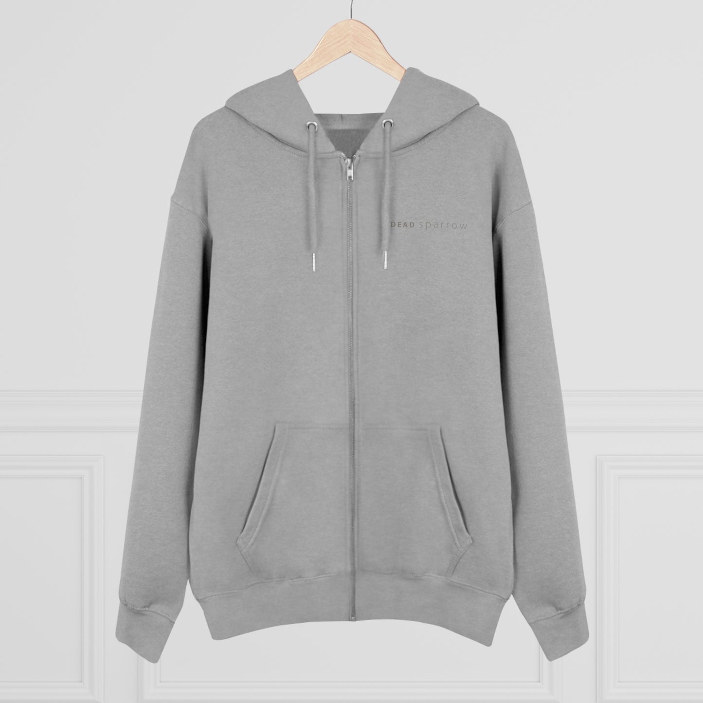 Image of a light grey zip-up hoodie, item name Observent. The hoodie has a print on the left side, 'DEAD sparrow' (logo).