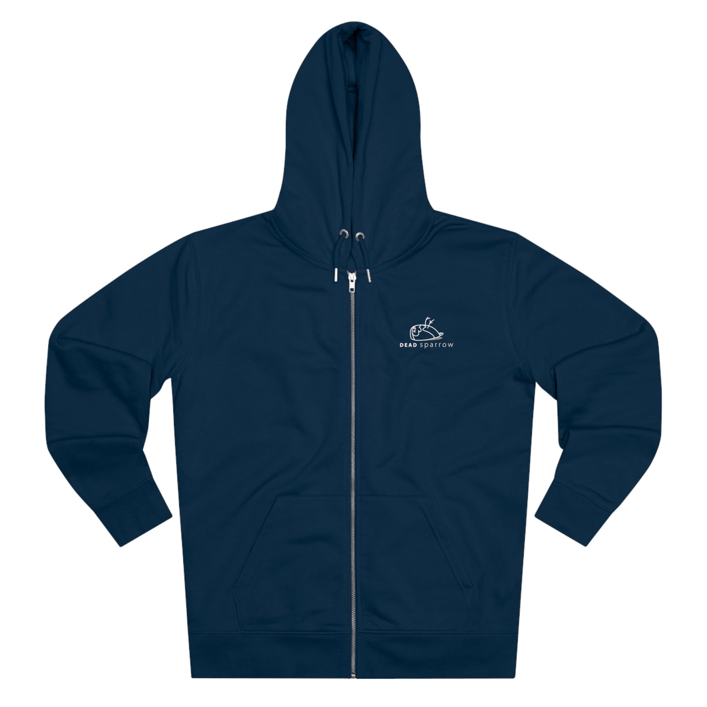 Close-up of french navy zip-up hoodie, product nam Impeccable.The hoodie has a print on the left side, 'DEAD sparrow' (logo).