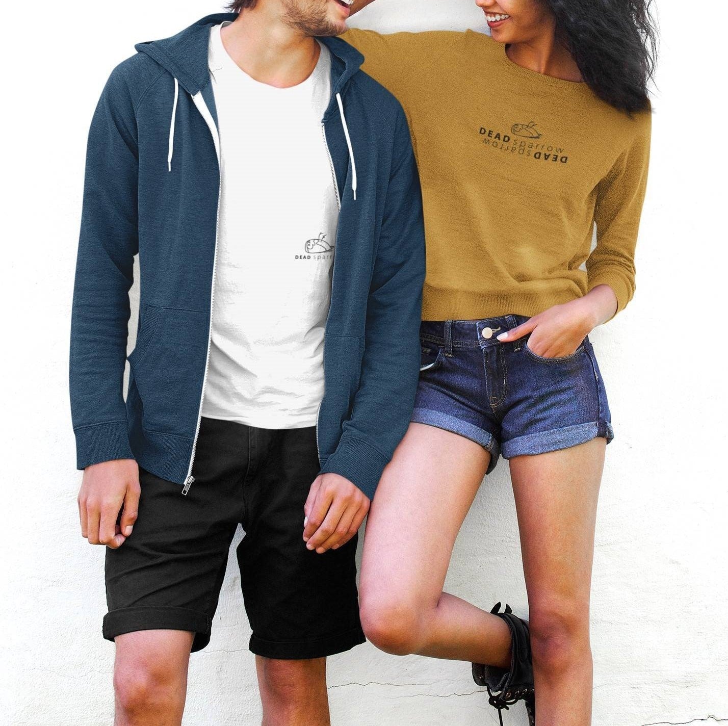 Image of a couple wearing DEAD sparrow clothes and the clothes are customised