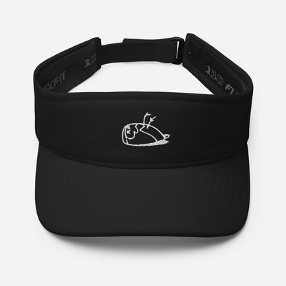 Close-up of an black-coloured visor. On the front of the visor, the DEADsparrow logo is embroidered with white thread. Illustration of a sparrow lying on its back. Product name Happy.