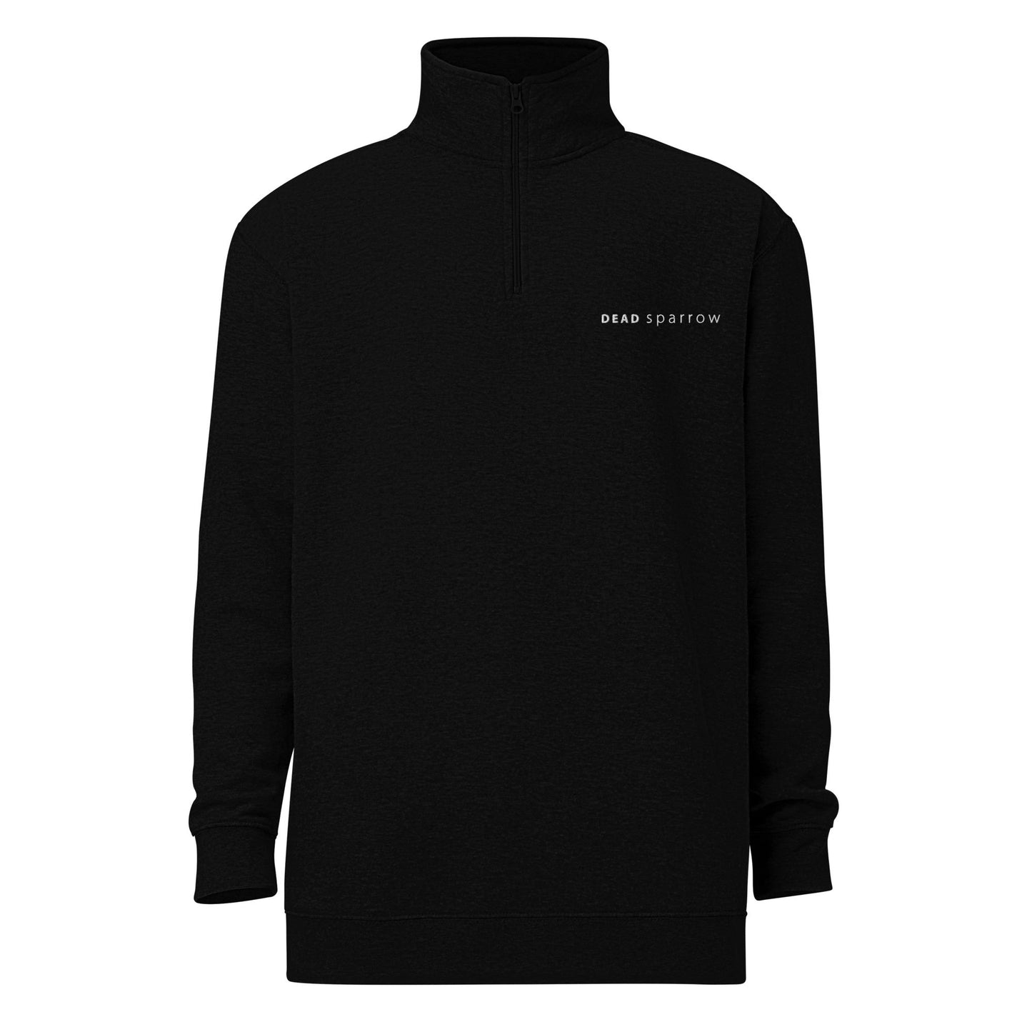 Close-up of black zip up sweatshirt. DEADsparrow logo embroidered on the left side in white thread. Outstanding sweater has soft fleece frabric inside and matching color zipper.