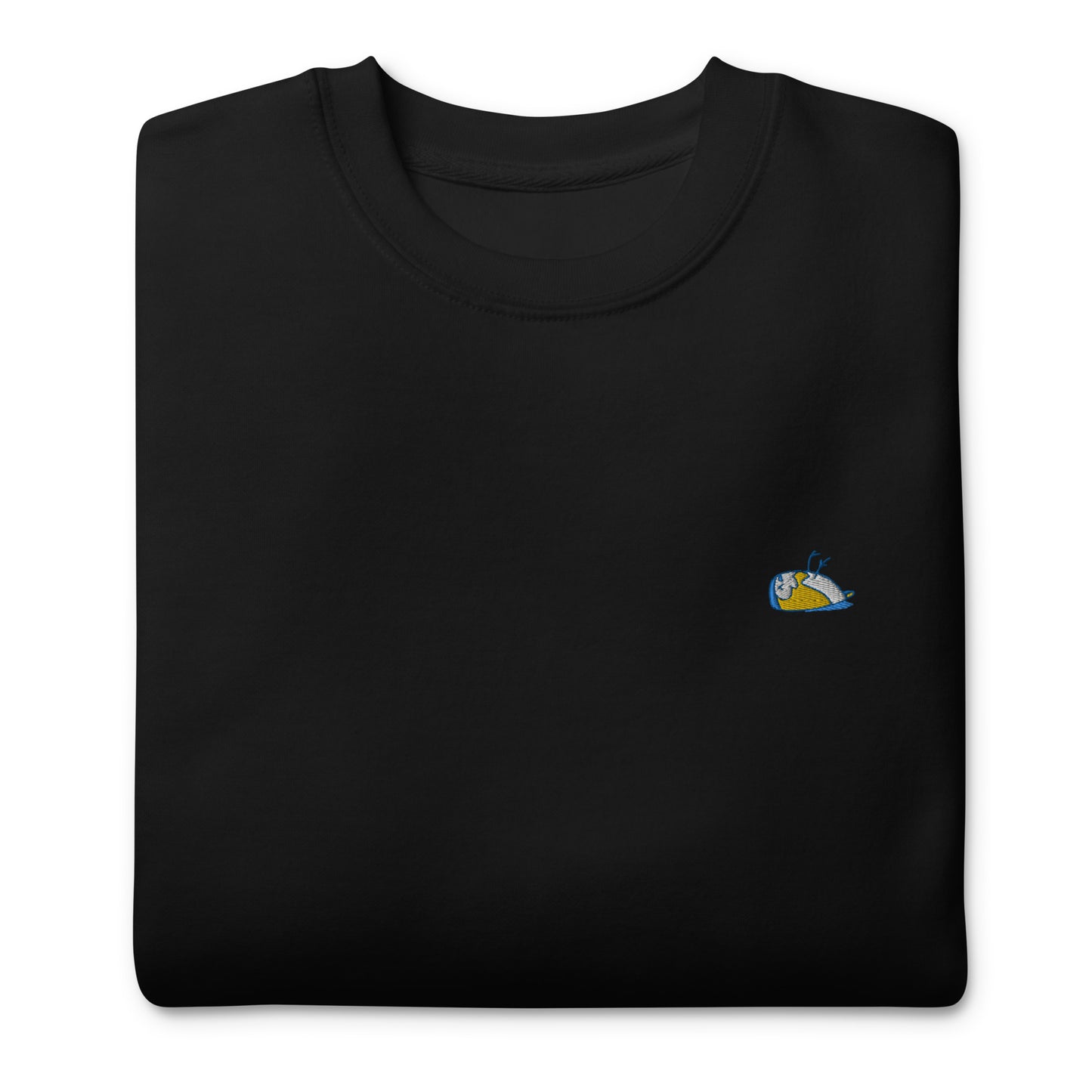 Image shows a folded sweater, Thoughtful. Colorblack with a multicoloured sparrow embroidered on the left side of the t-shirt. 