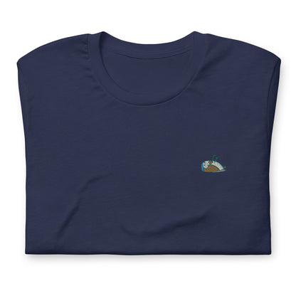 Image of a black DEADsparrow t-shirt. The t-shirt is a tighter model with a sparrow embroidered on the left side of the t-shirt.Product name Wise.