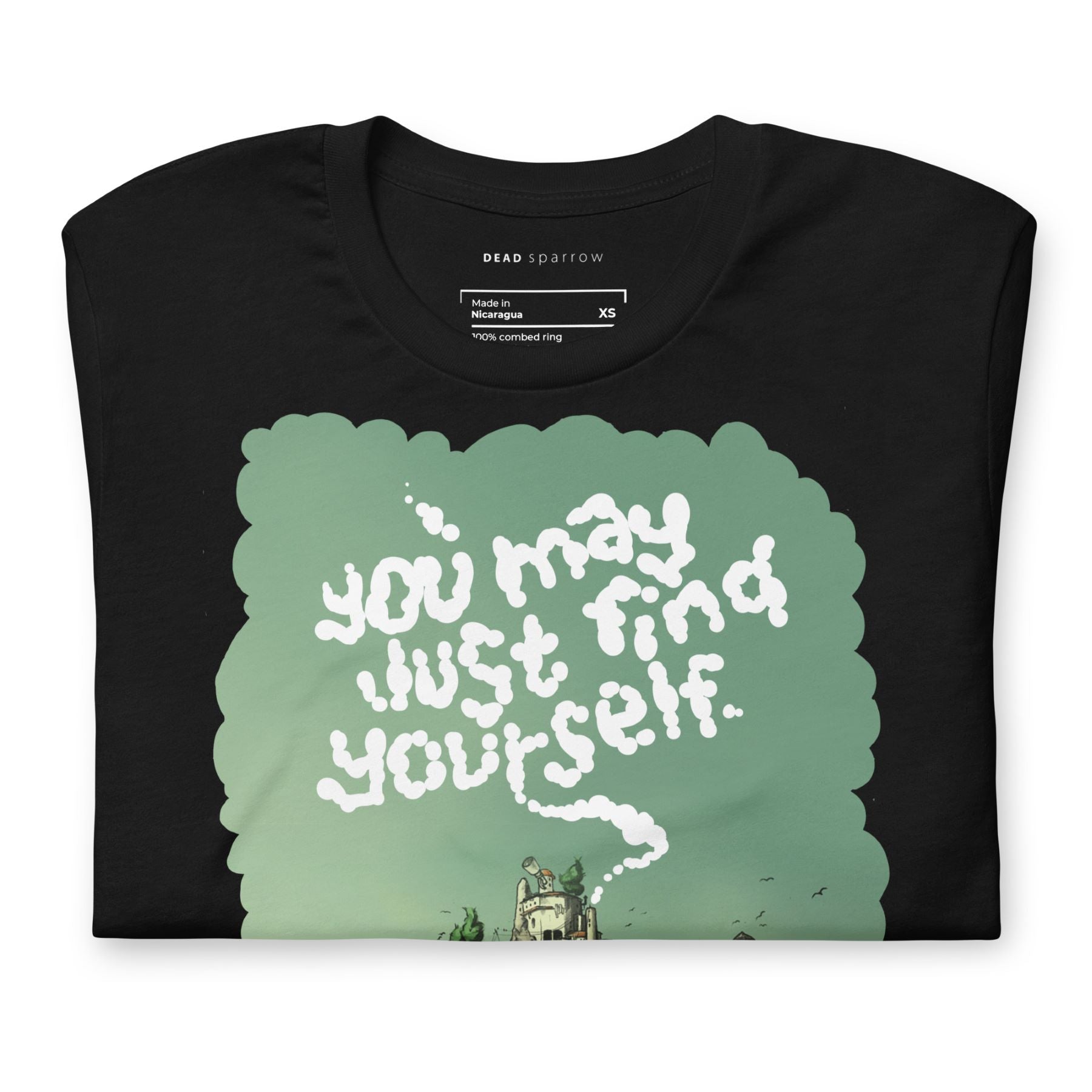 Image of a folded black t-shirt for women. Text in the centre of the t-shirt "You may just find yourself". Product name Peaceful.