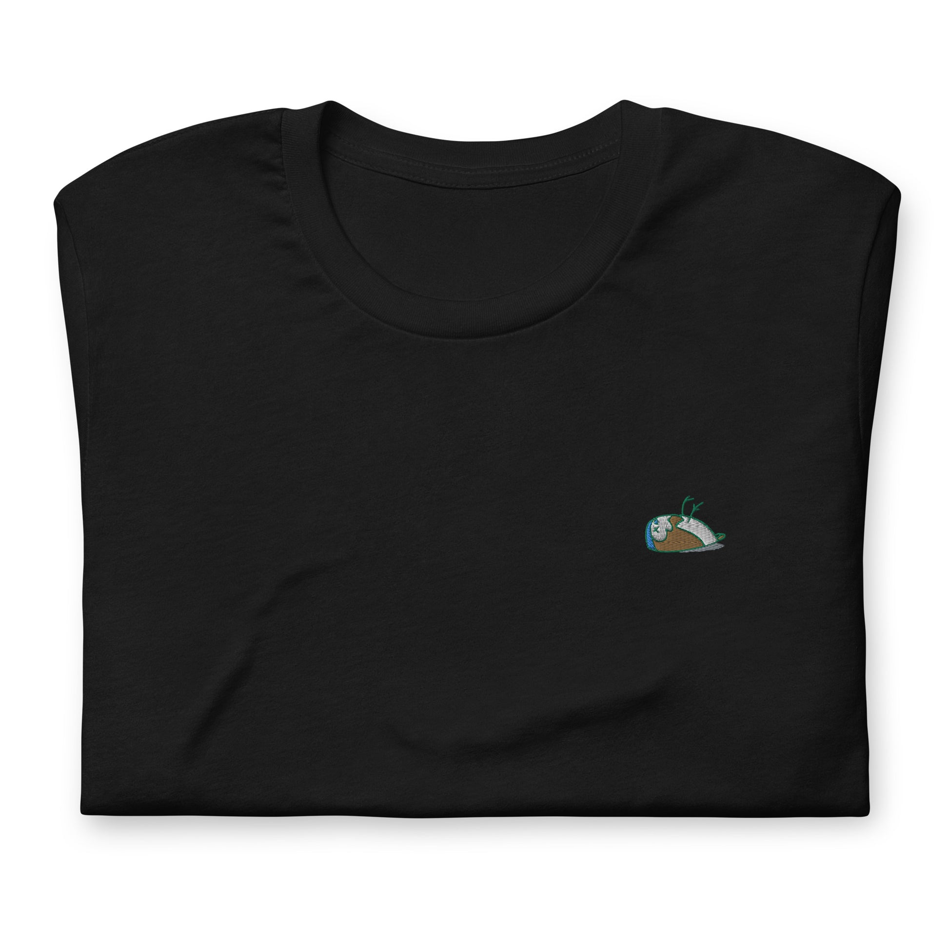 Image of a black DEADsparrow t-shirt. The t-shirt is a tighter model with a sparrow embroidered on the left side of the t-shirt. Product name Wise