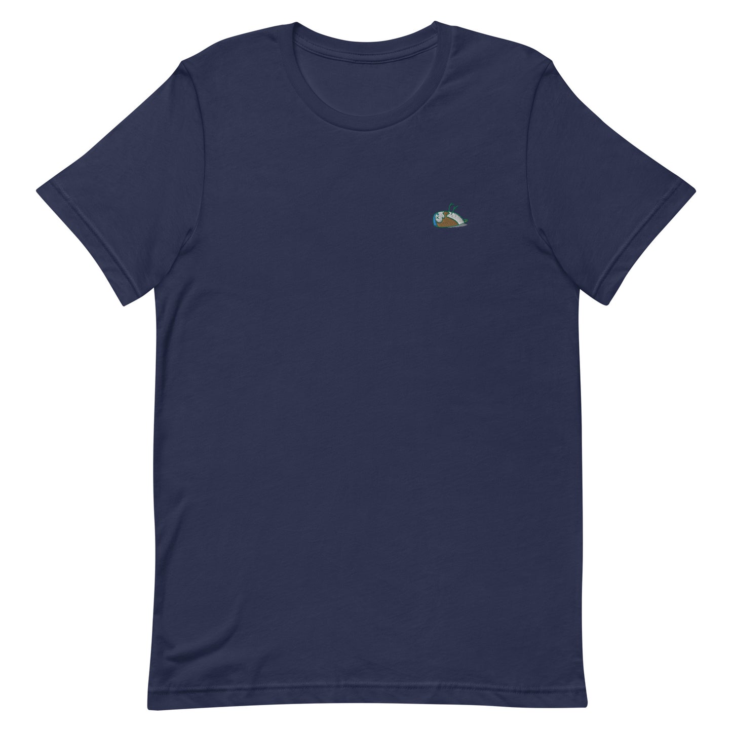 Image of a navy DEADsparrow t-shirt. The t-shirt is a tighter model with a sparrow embroidered on the left side of the t-shirt. Product name Wise