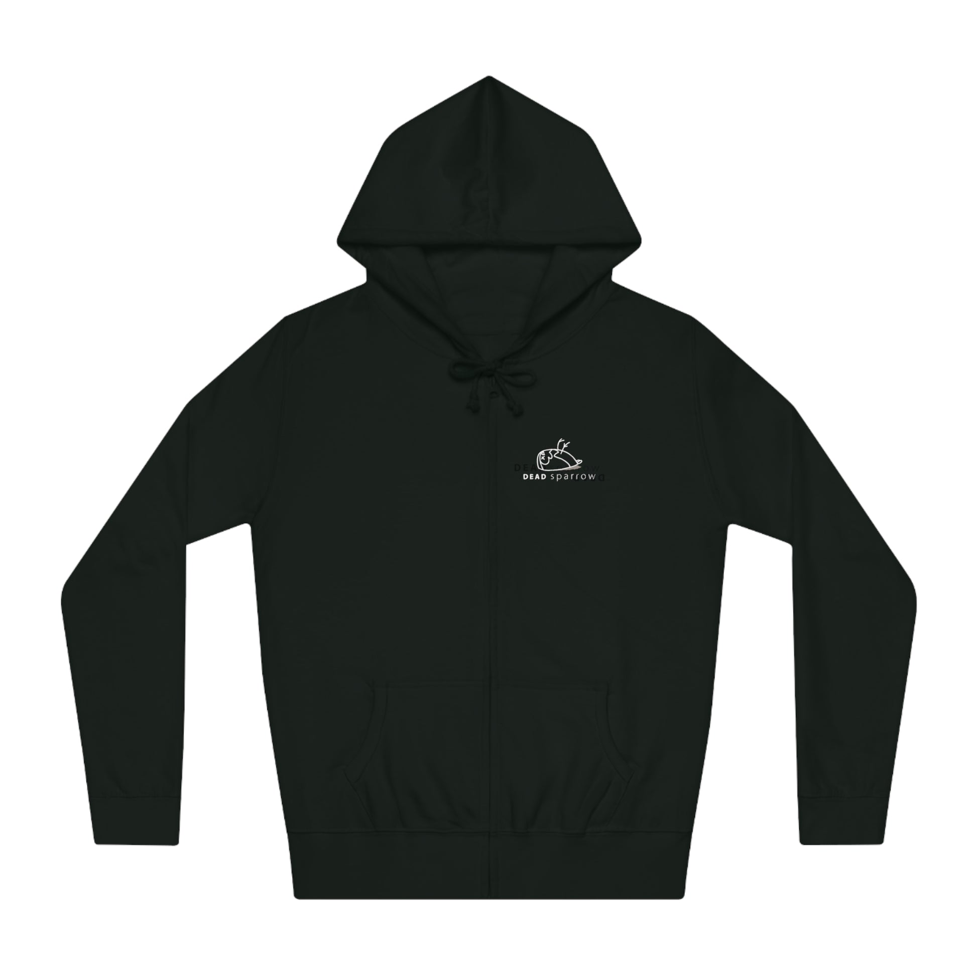 Close-up of black zip-up hoodie, product name Fabulous. Print on the left side, 'DEAD sparrow' (logo).