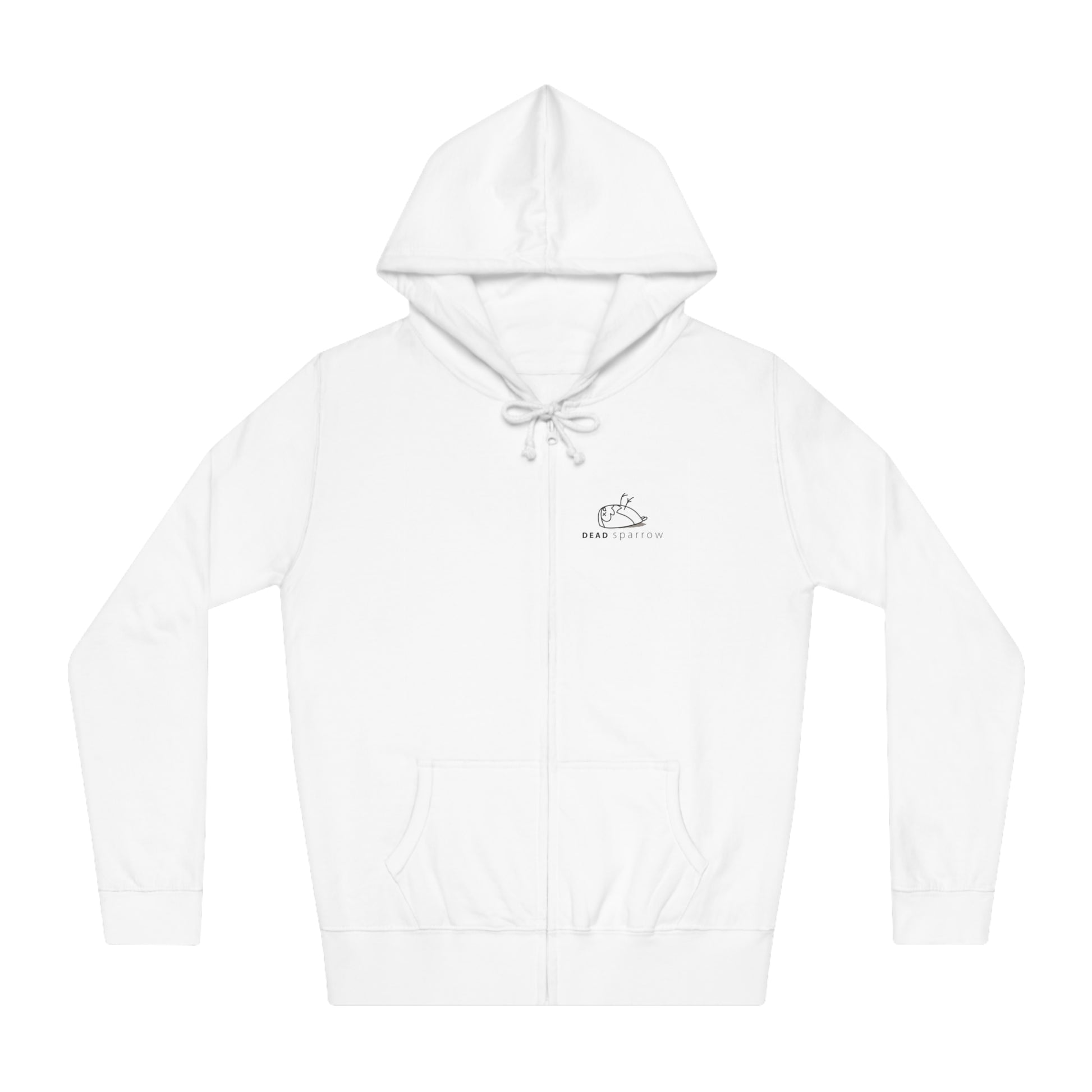 Close-up of white zip-up hoodie, product name Fabulous. Print on the left side, 'DEAD sparrow' (logo).