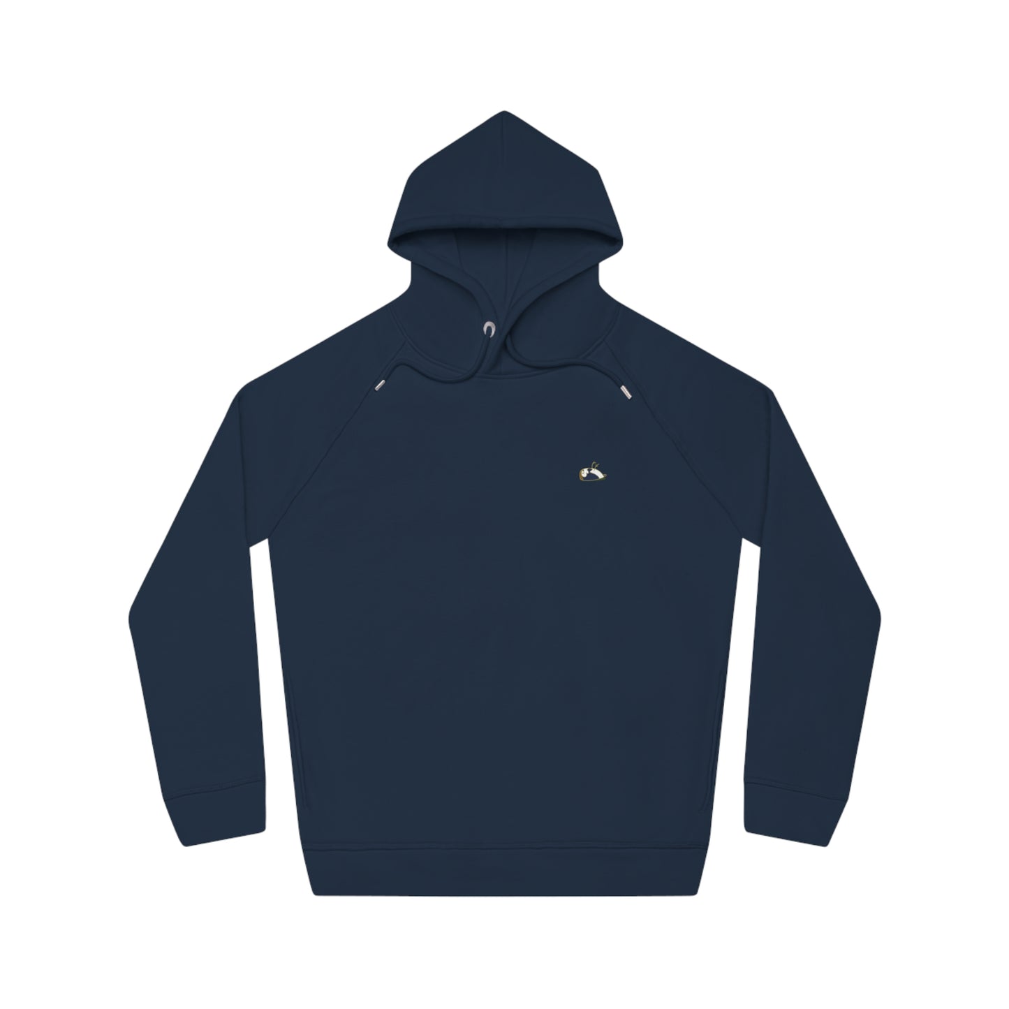 Image of a french navy hoodie for women. The hoodie has side pockets and a colorful sparrow on the left side. Product Amazing