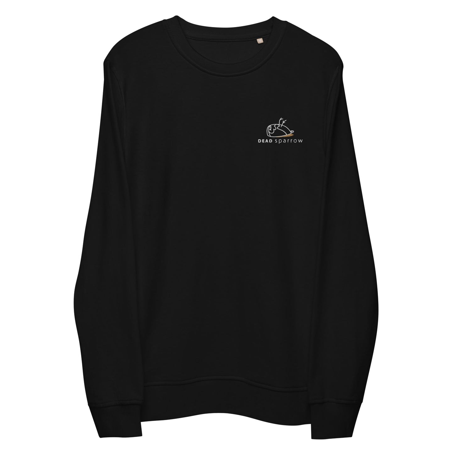 Close-up of a Significant sweatshirt in black. DEADsparrow logo embroidered on the left side in white and gold. The Significant is made from organic cotton and recycled materials.