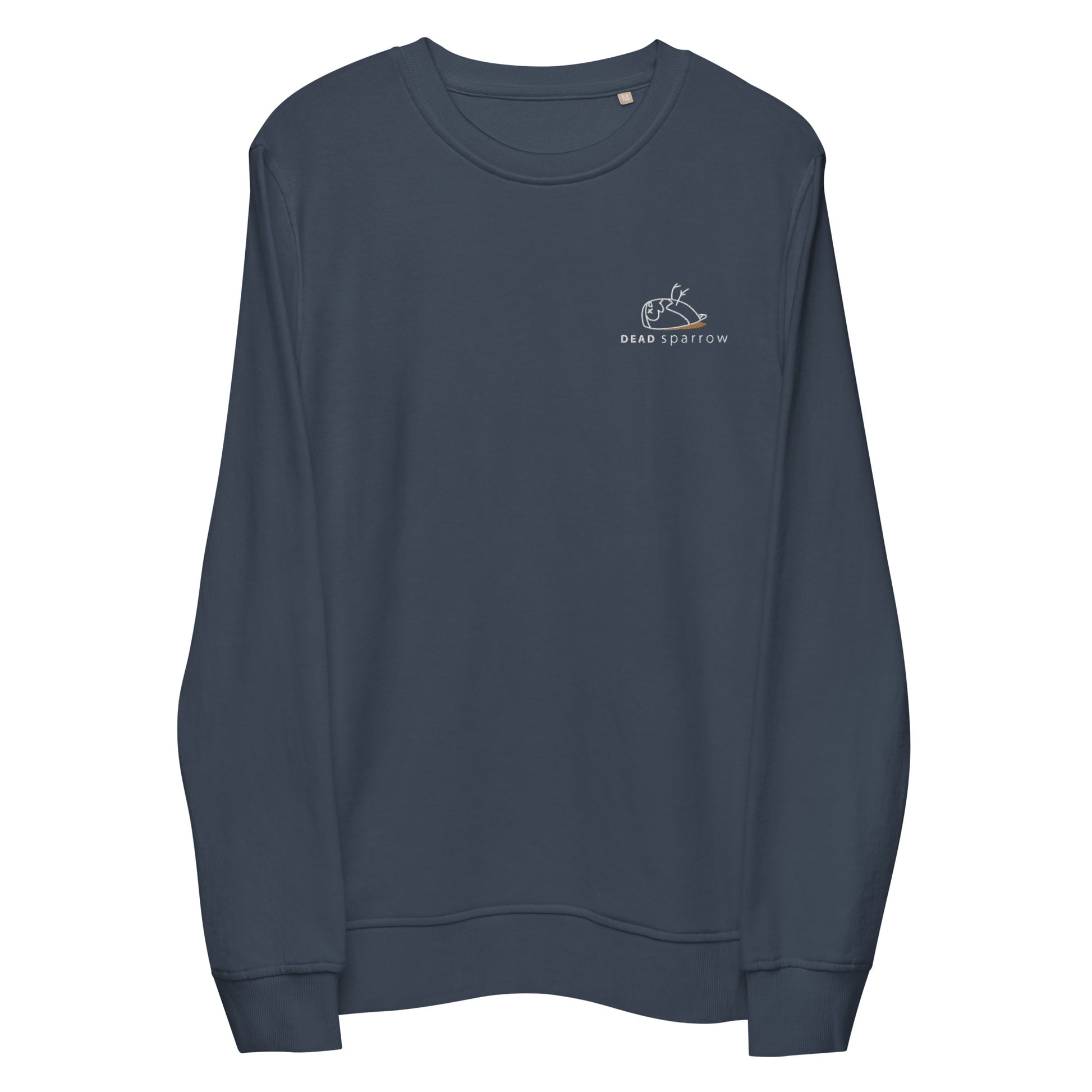 Close-up of a Significant sweatshirt in french navy. DEADsparrow logo embroidered on the left side in white and gold. The Significant is made from organic cotton and recycled materials.